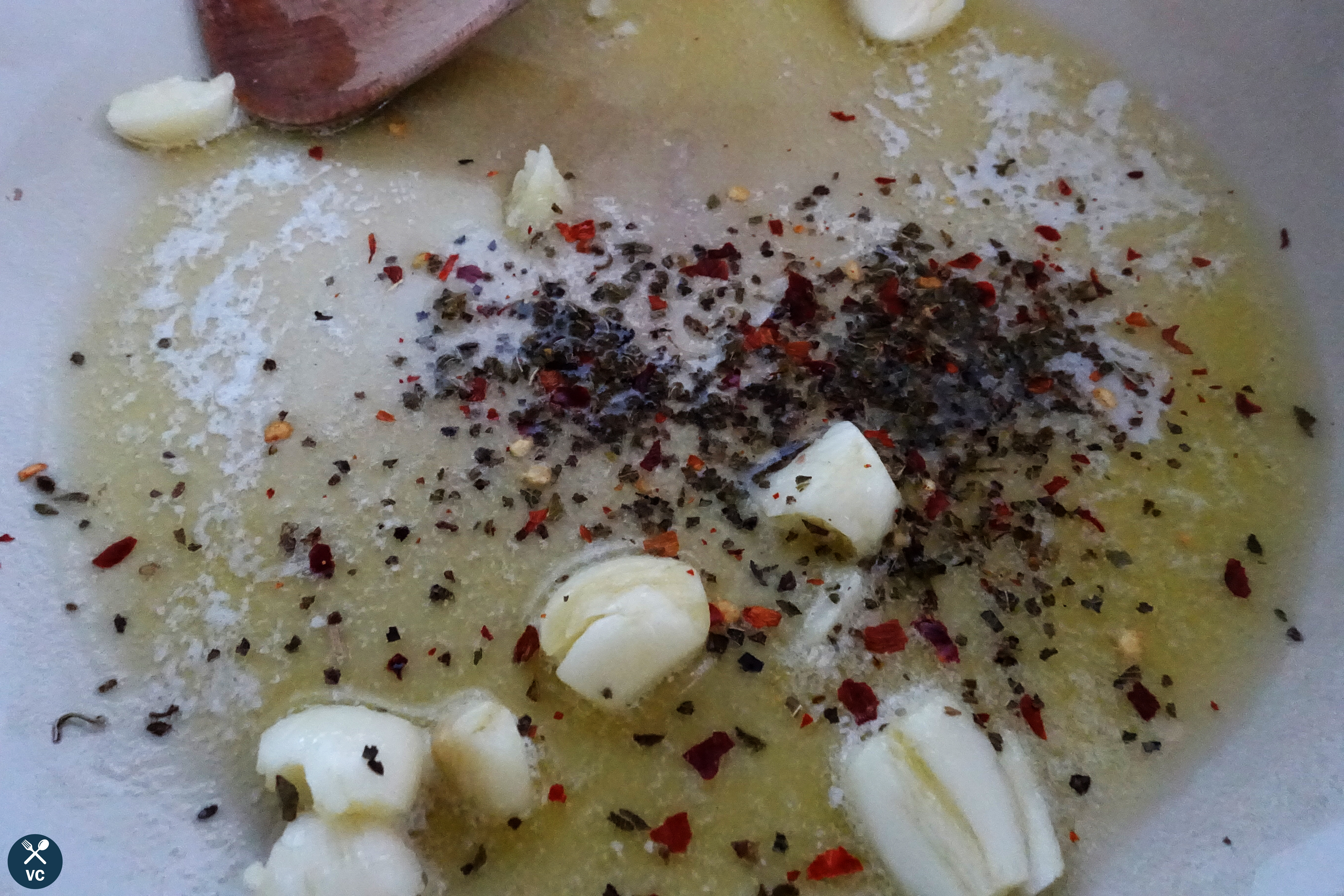 Garlic, Oregano and red pepper flakes to serve as the base for Simmered Marinara Tomato Sauce