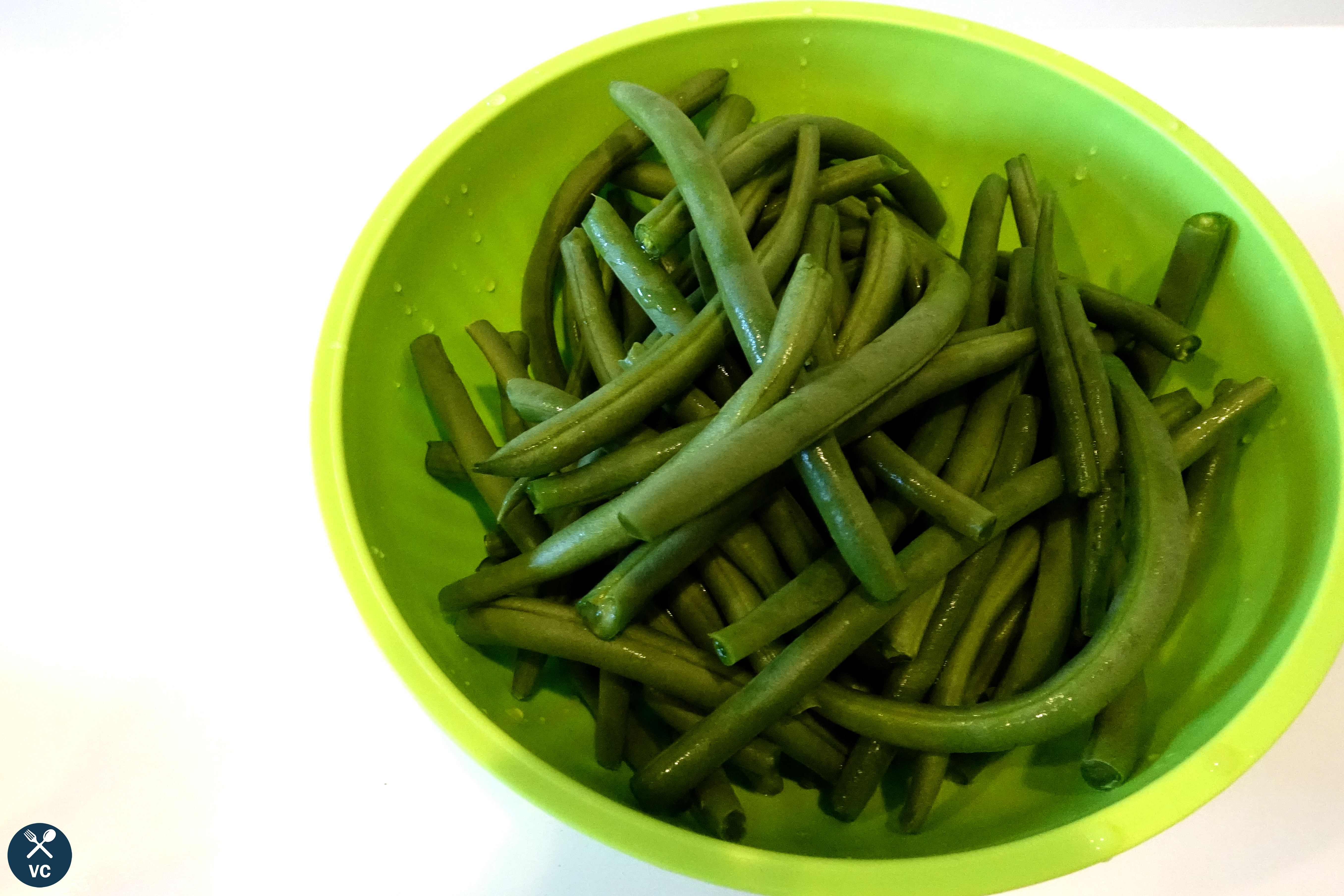 Wash and trim green beans to make a Chinese green beans recipe (VC in the Kitchen)