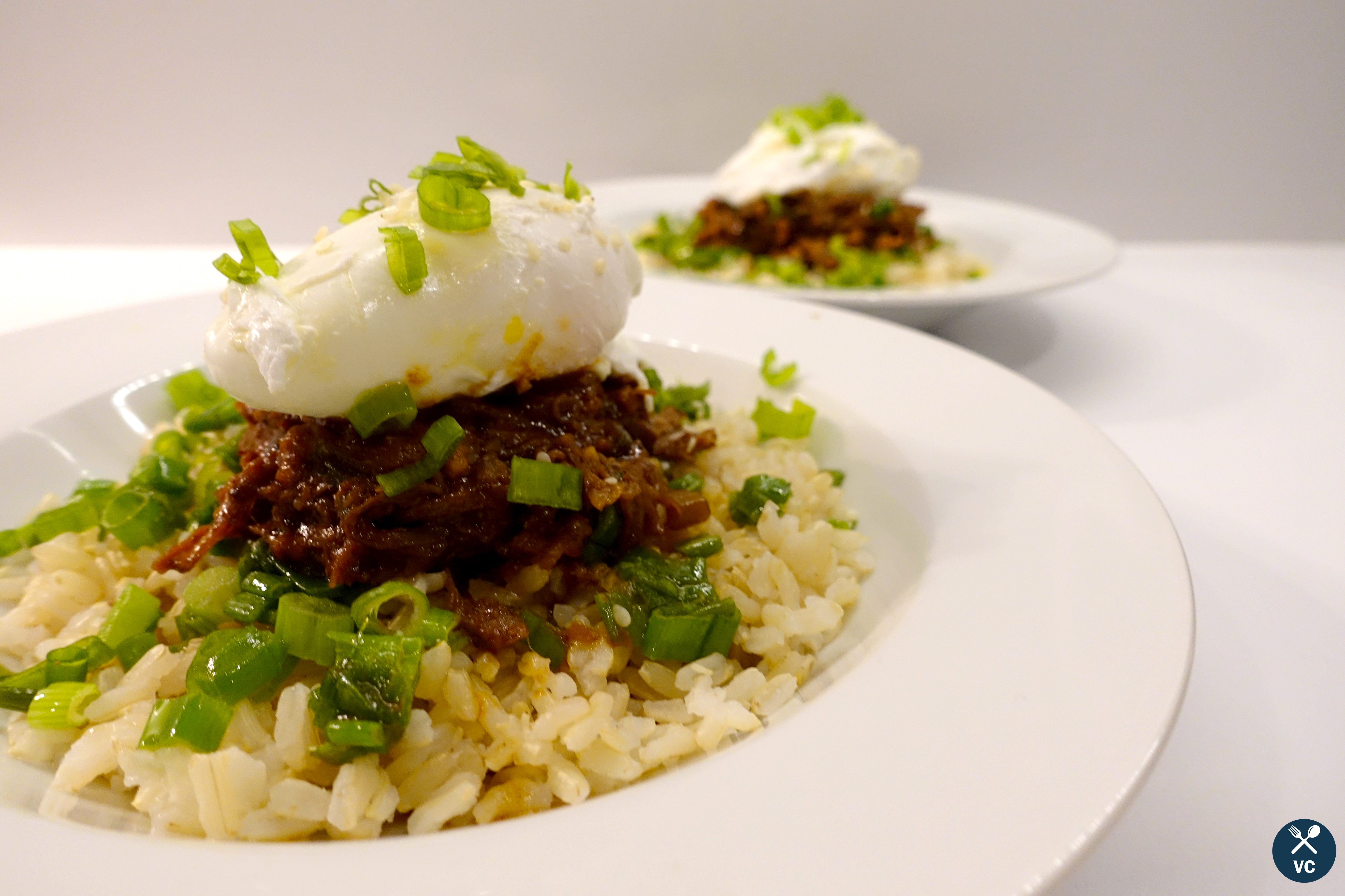 Slow cooker Korean beef over rice with a poached egg (VC in the Kitchen)