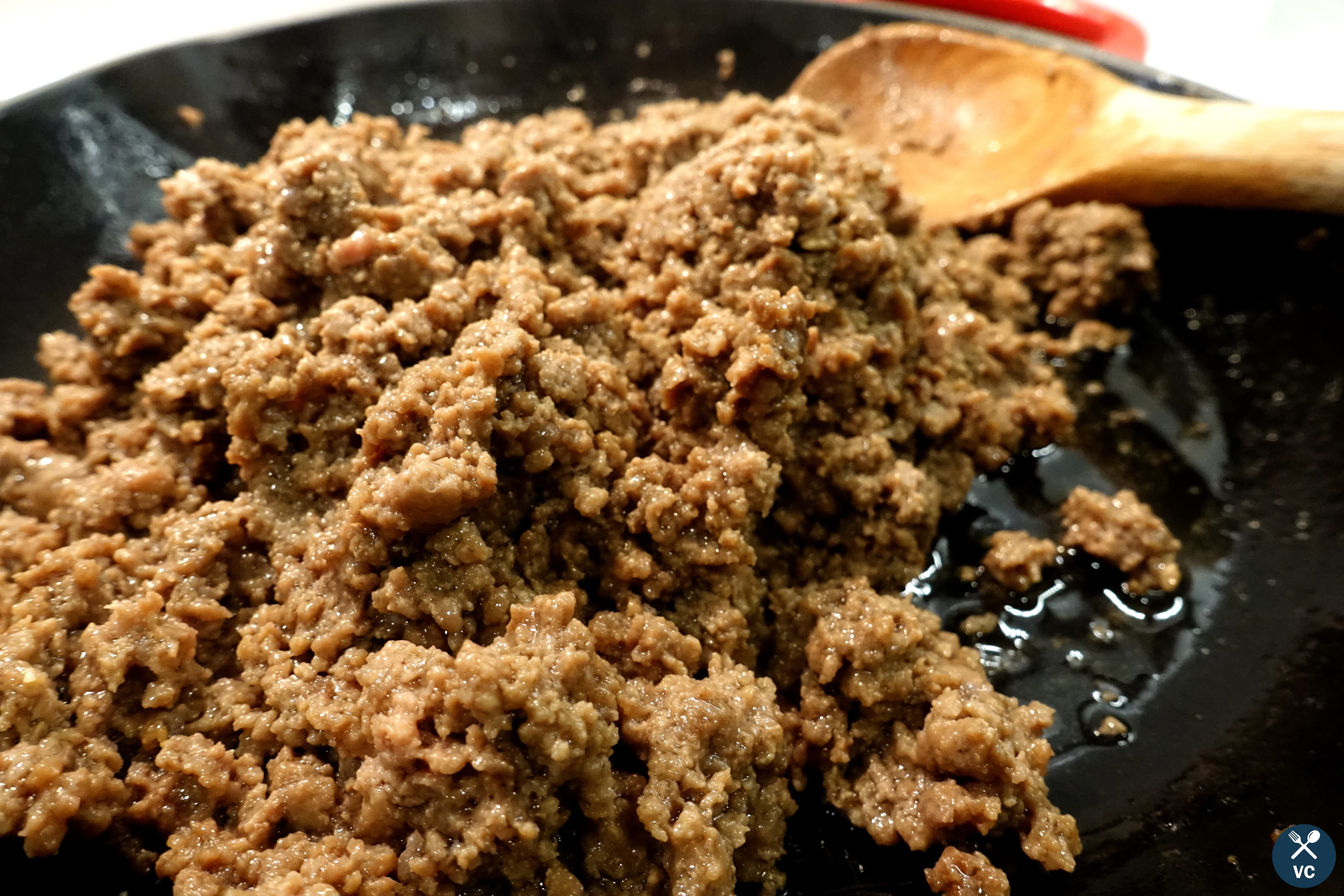 Ground beef cooking for Thai beef with basil (VC in the Kitchen)