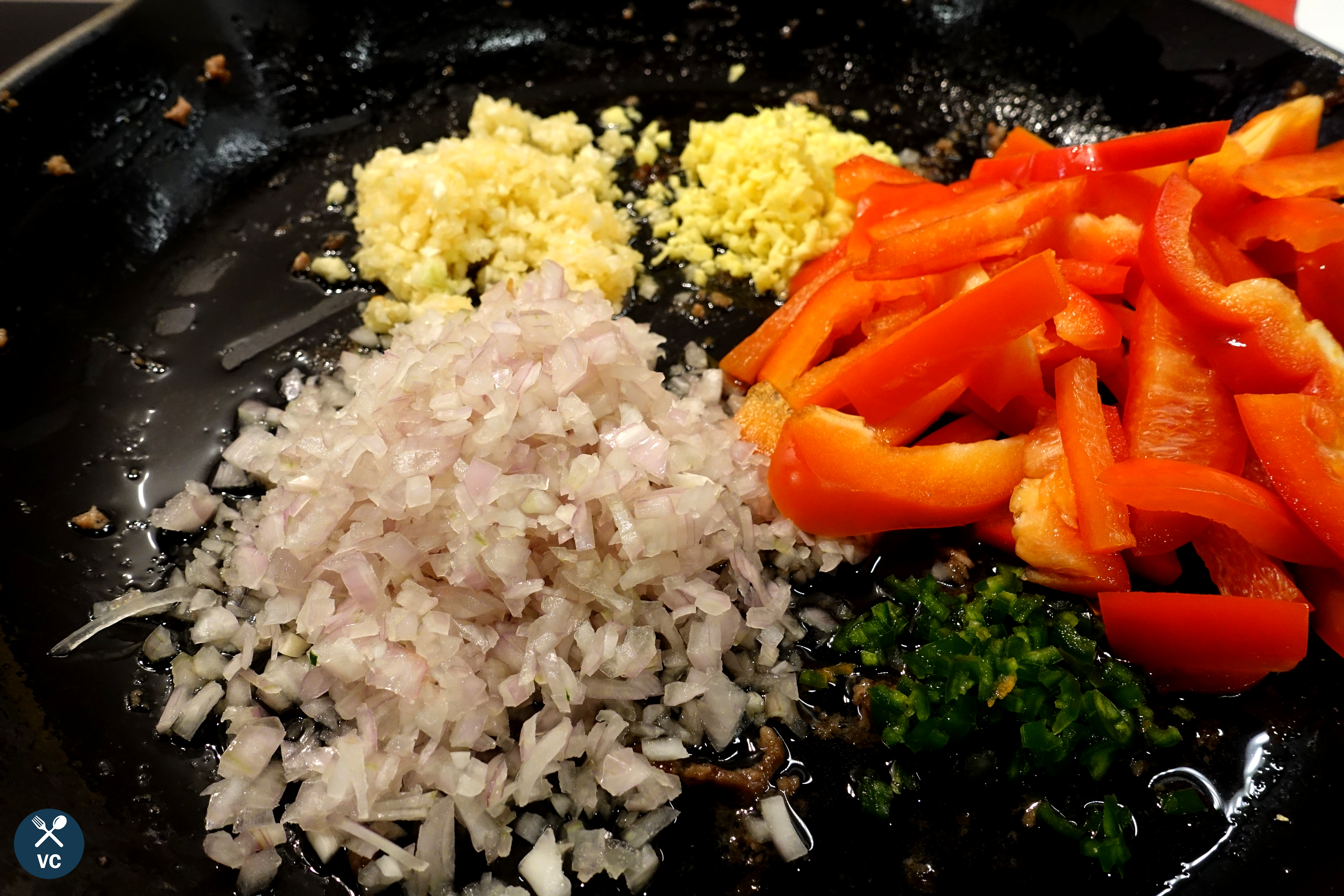 Chopped ingredients for cooking Thai beef with basil (VC in the Kitchen)