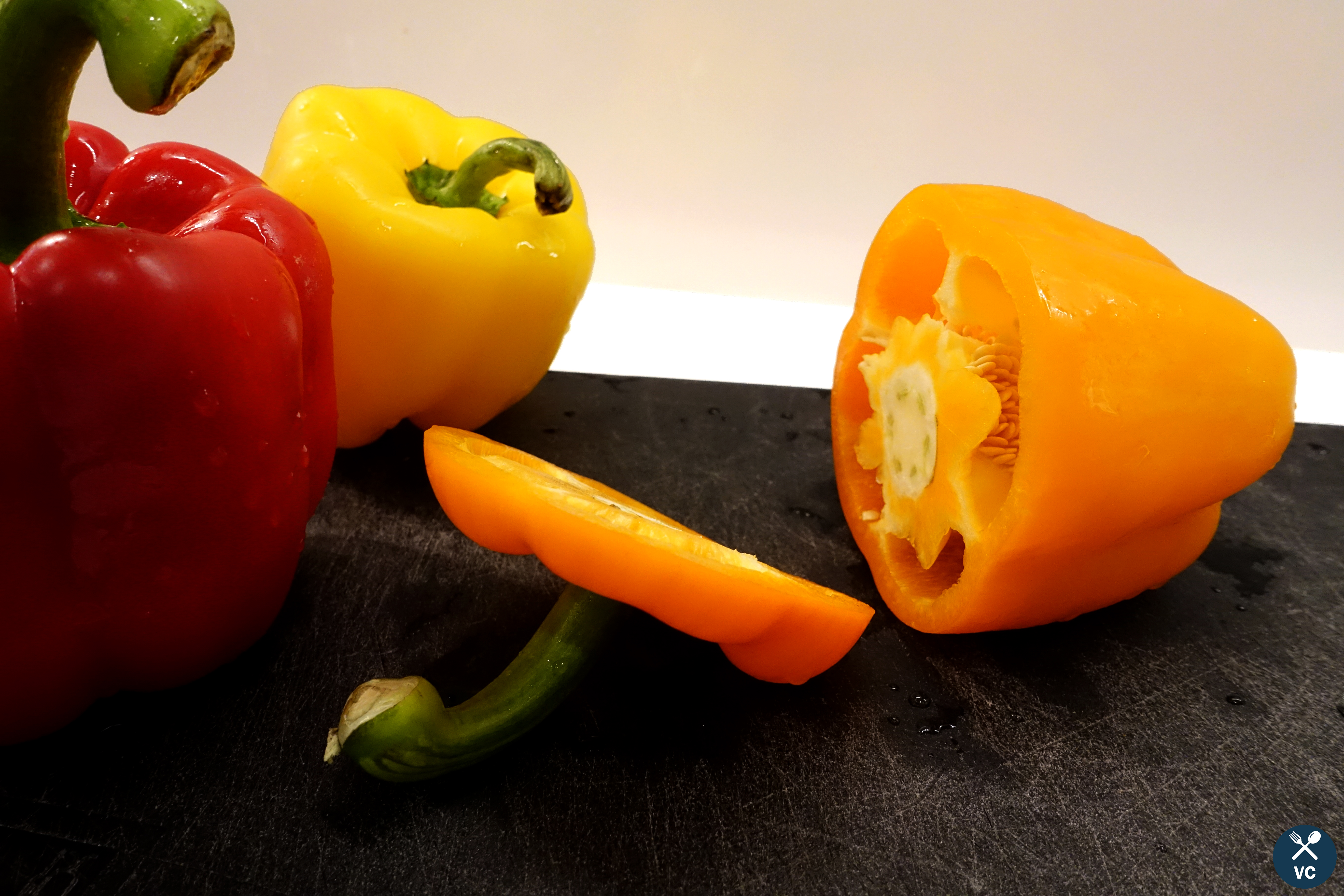 Sliced top of a bell pepper to make turkey stuffed peppers (VC in the Kitchen)