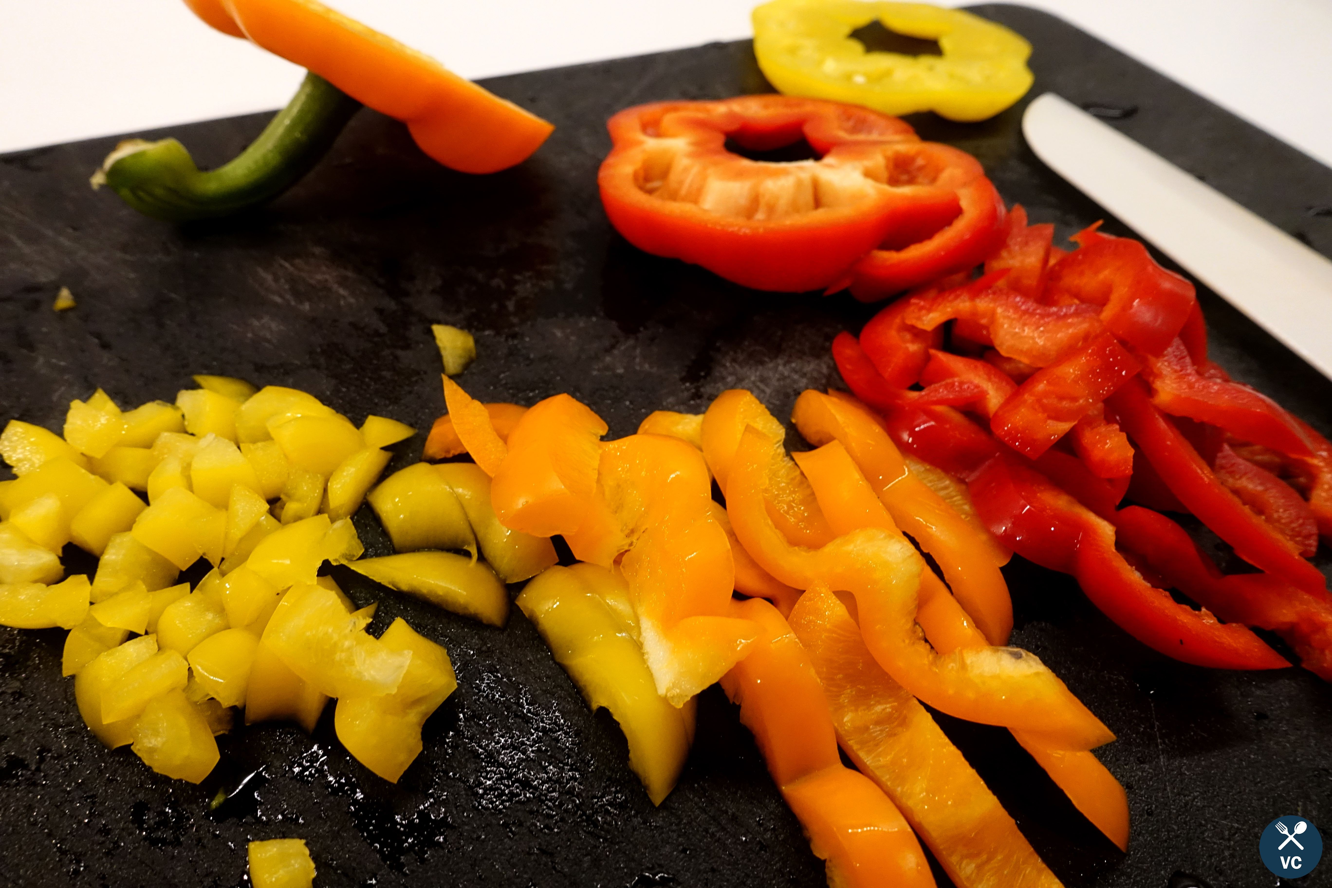 Chopped bell pepper tops for turkey stuffed bell peppers (VC in the Kitchen)