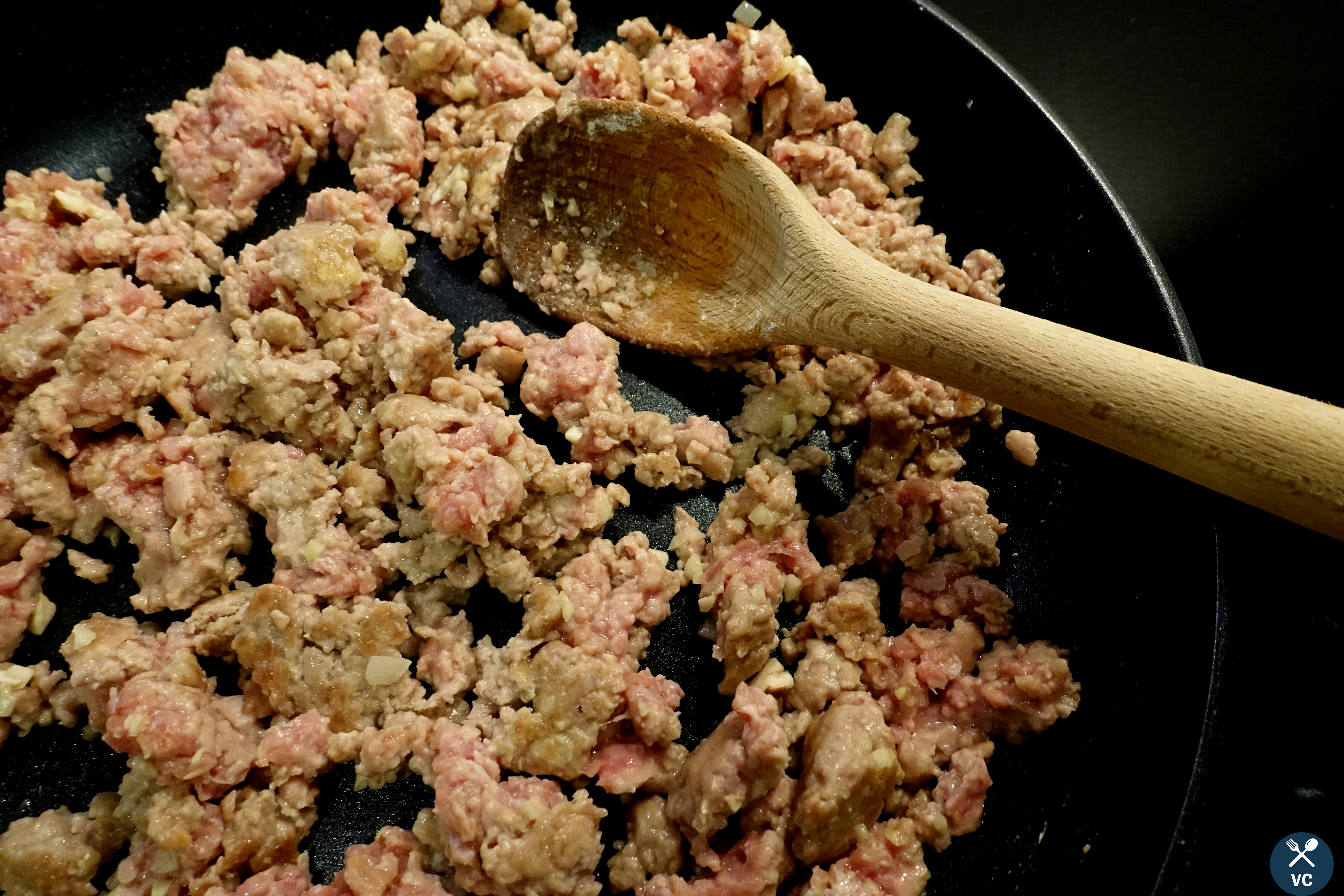Browning the ground turkey for turkey stuffed peppers (VC in the Kitchen)