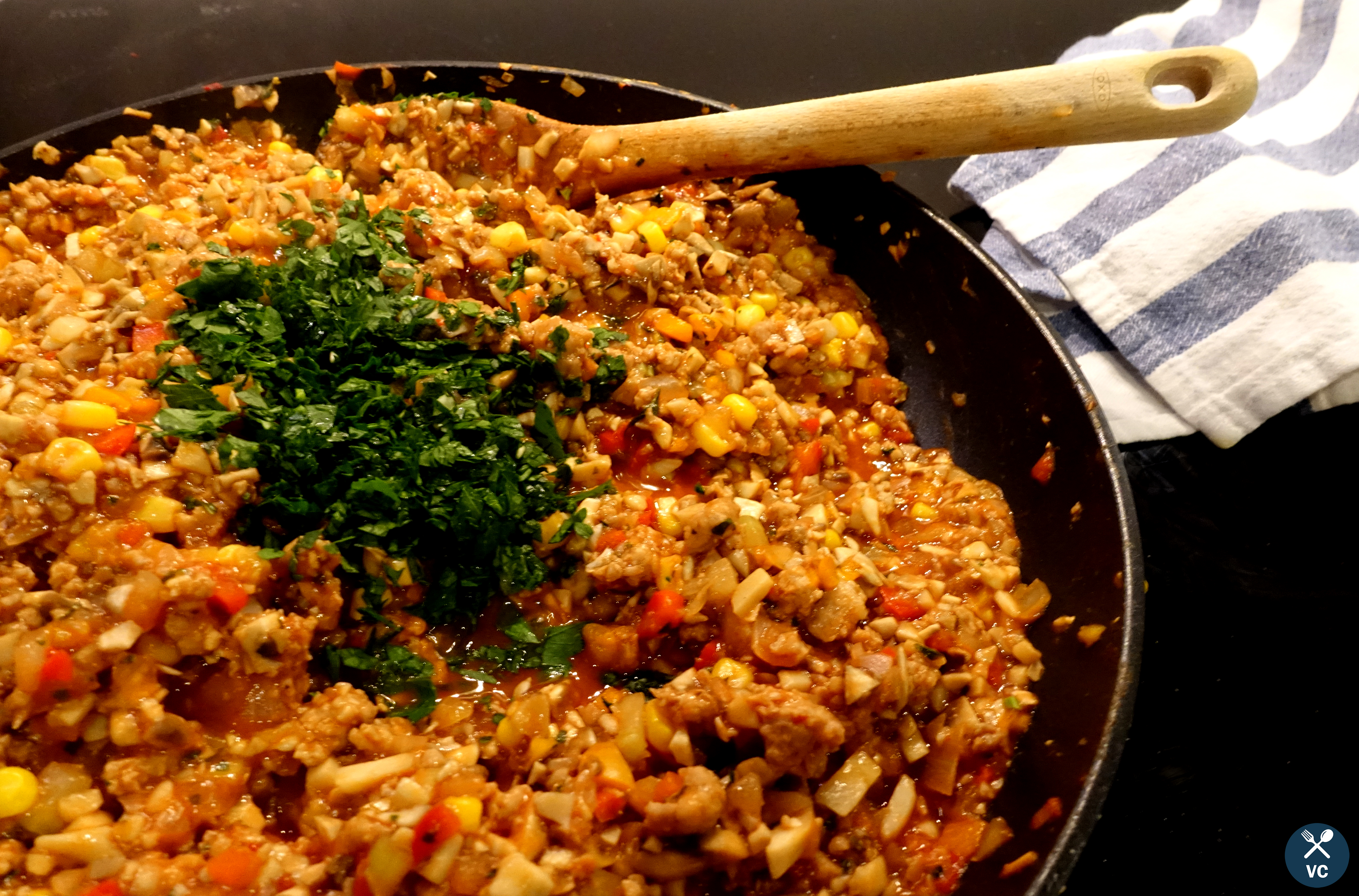 Turkey and vegetable filling for the turkey stuffed peppers (VC in the Kitchen)