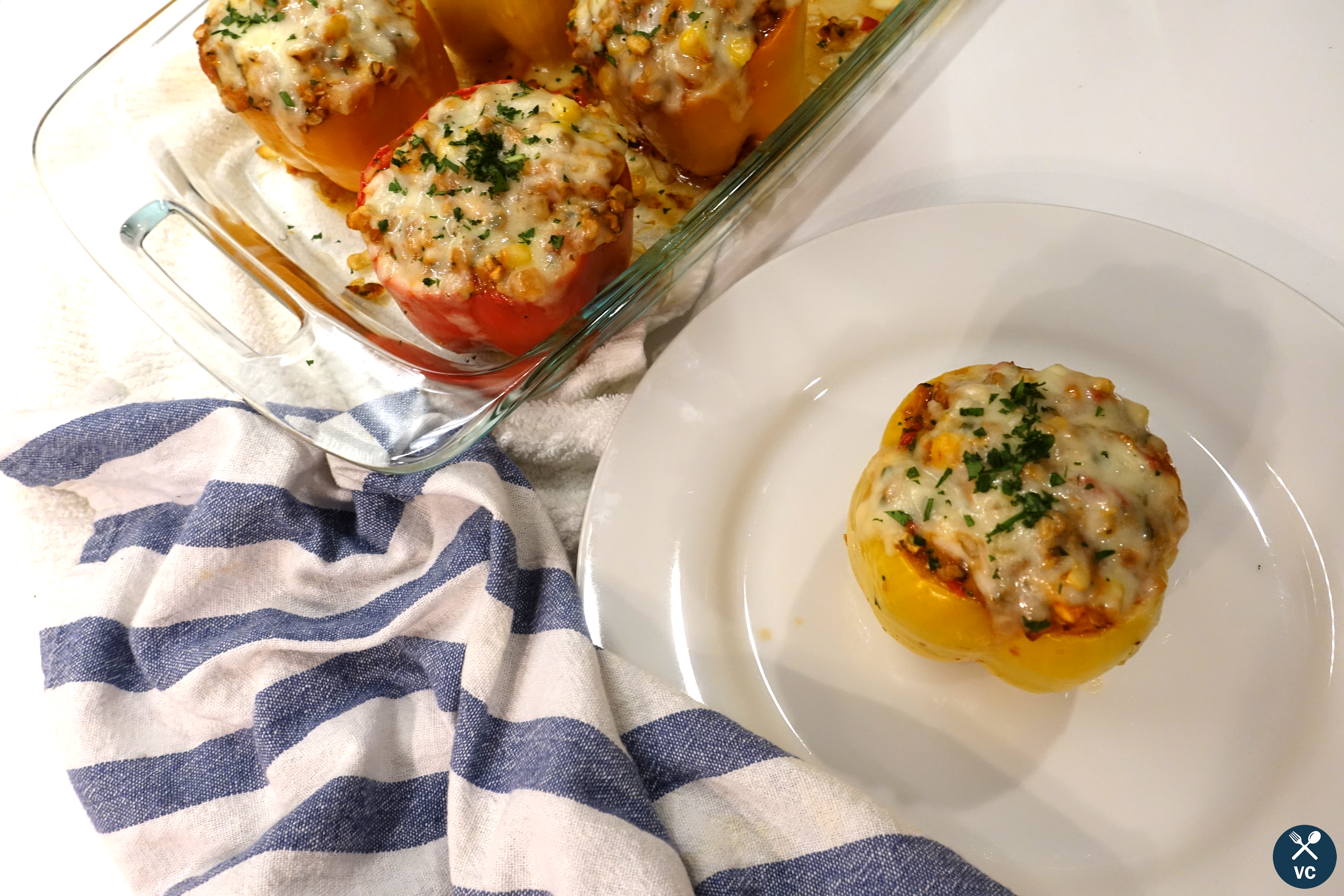Baked turkey stuffed bell peppers ready to eat (VC in the Kitchen)