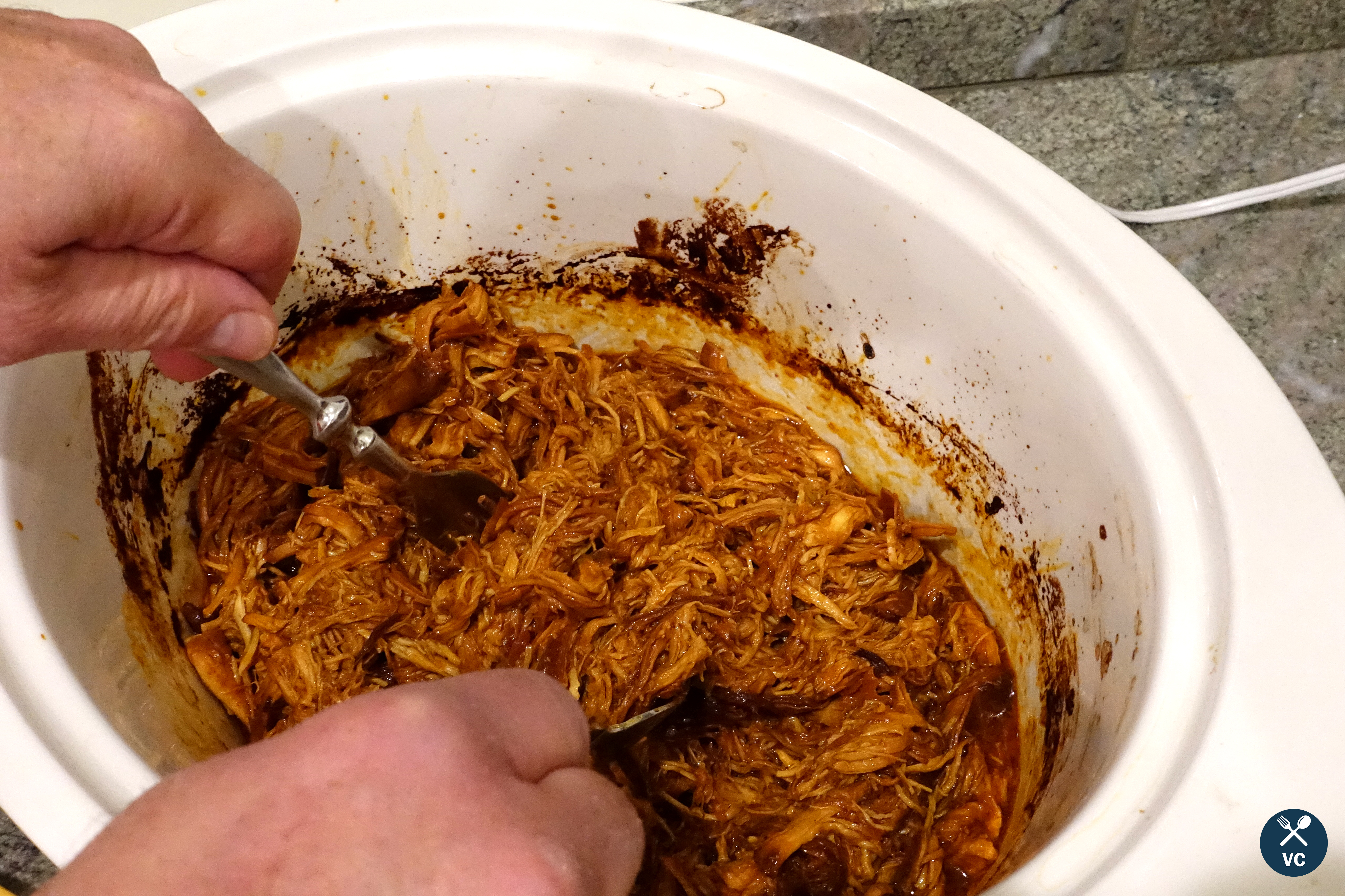 Shredded slow cooker bourbon BBQ chicken (VC in the Kitchen)