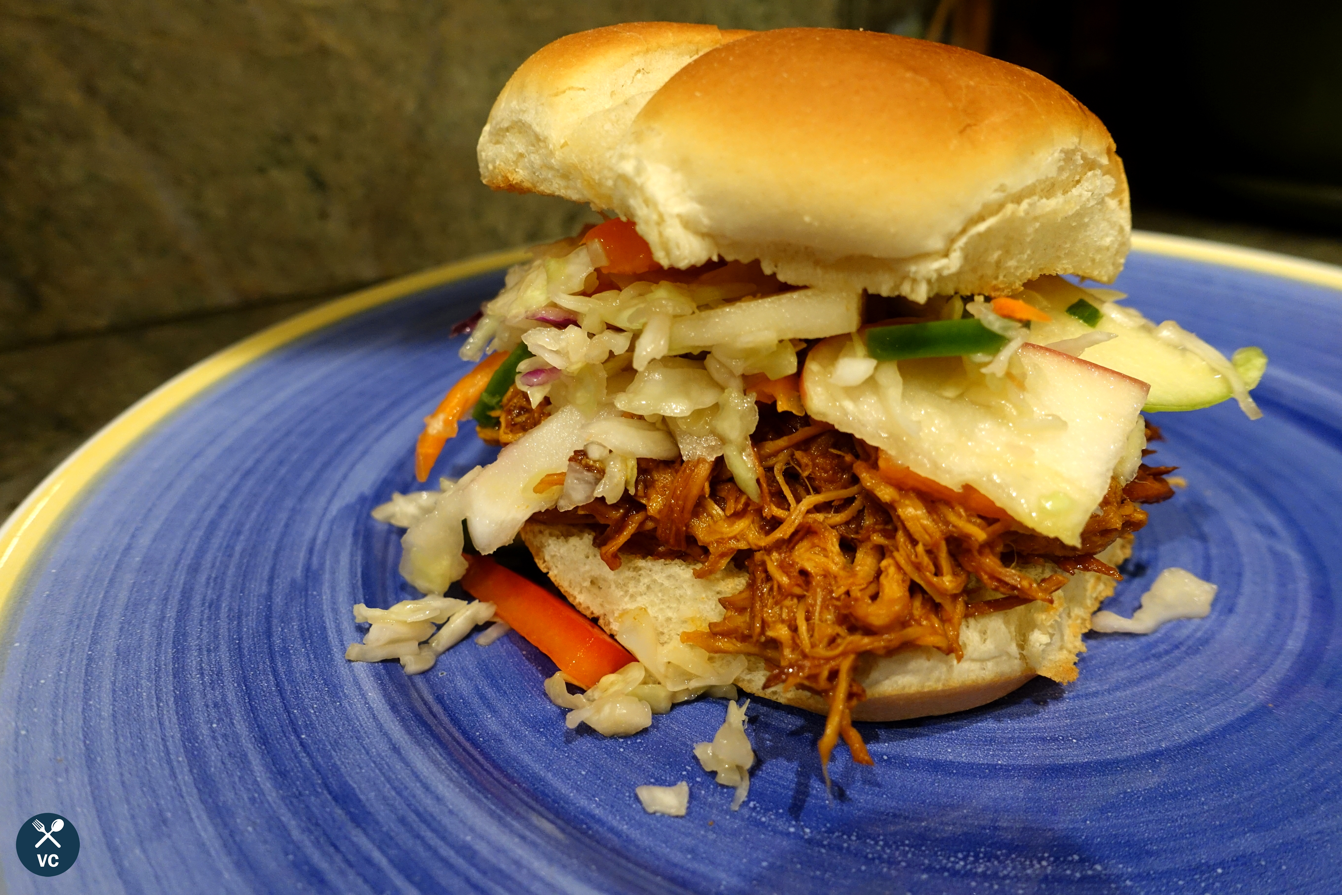Bourbon BBQ chicken with apple and jalapeno slaw sandwich (VC in the Kitchen)