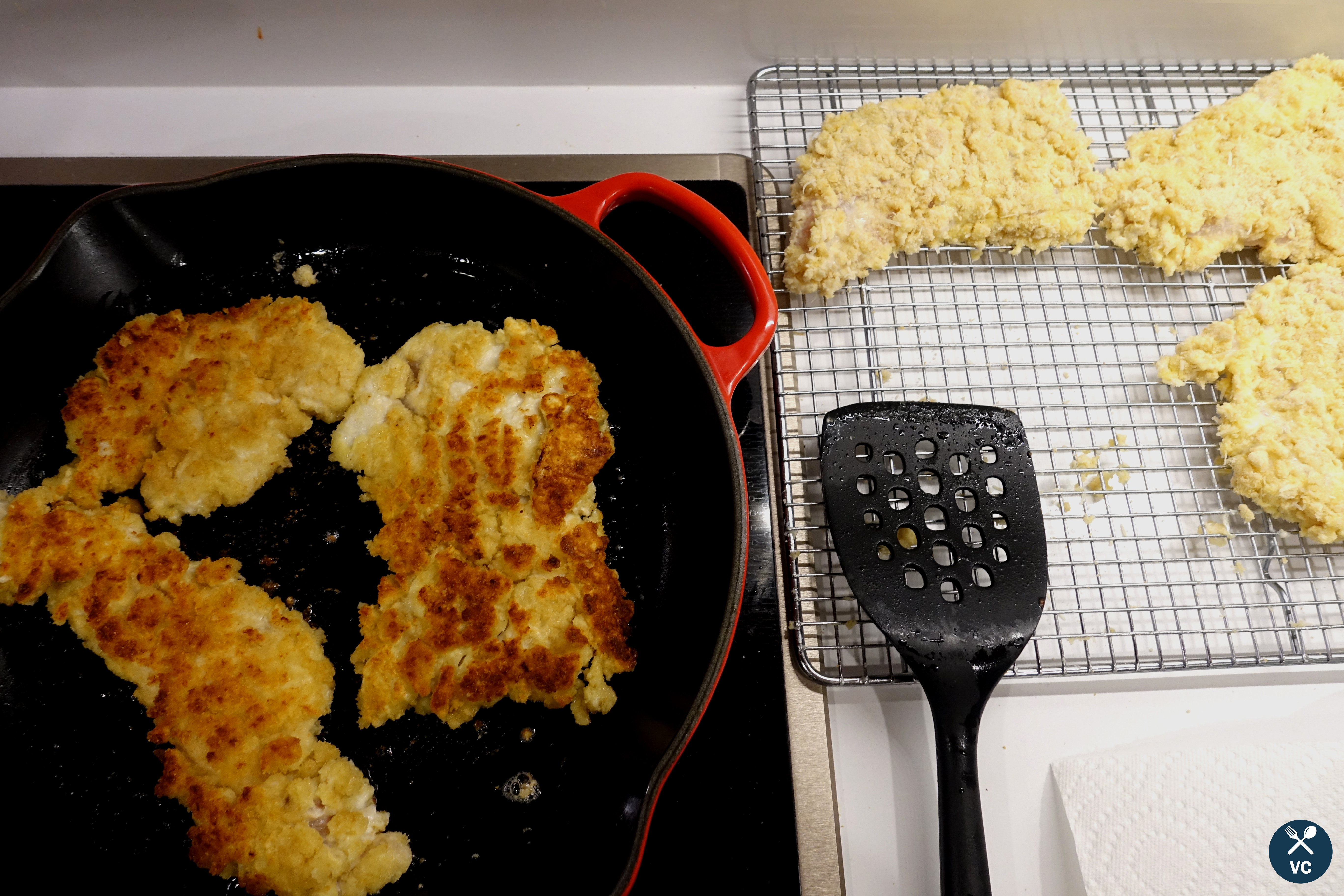 Browning chicken for chicken parmesan (VC in the Kitchen)