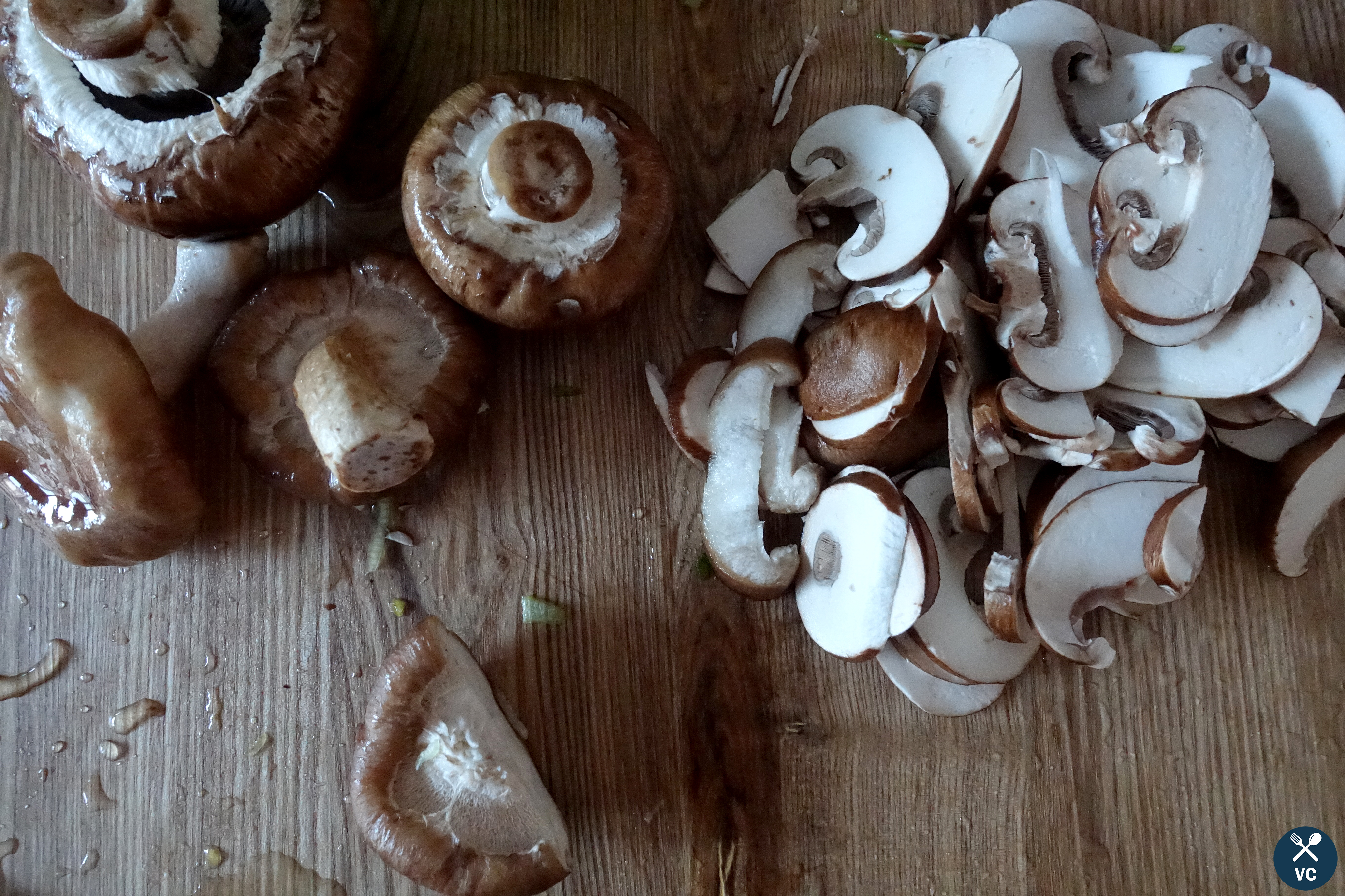 Chopped shiitake and cremini mushrooms for mushroom and leek risotto (VC in the Kitchen)
