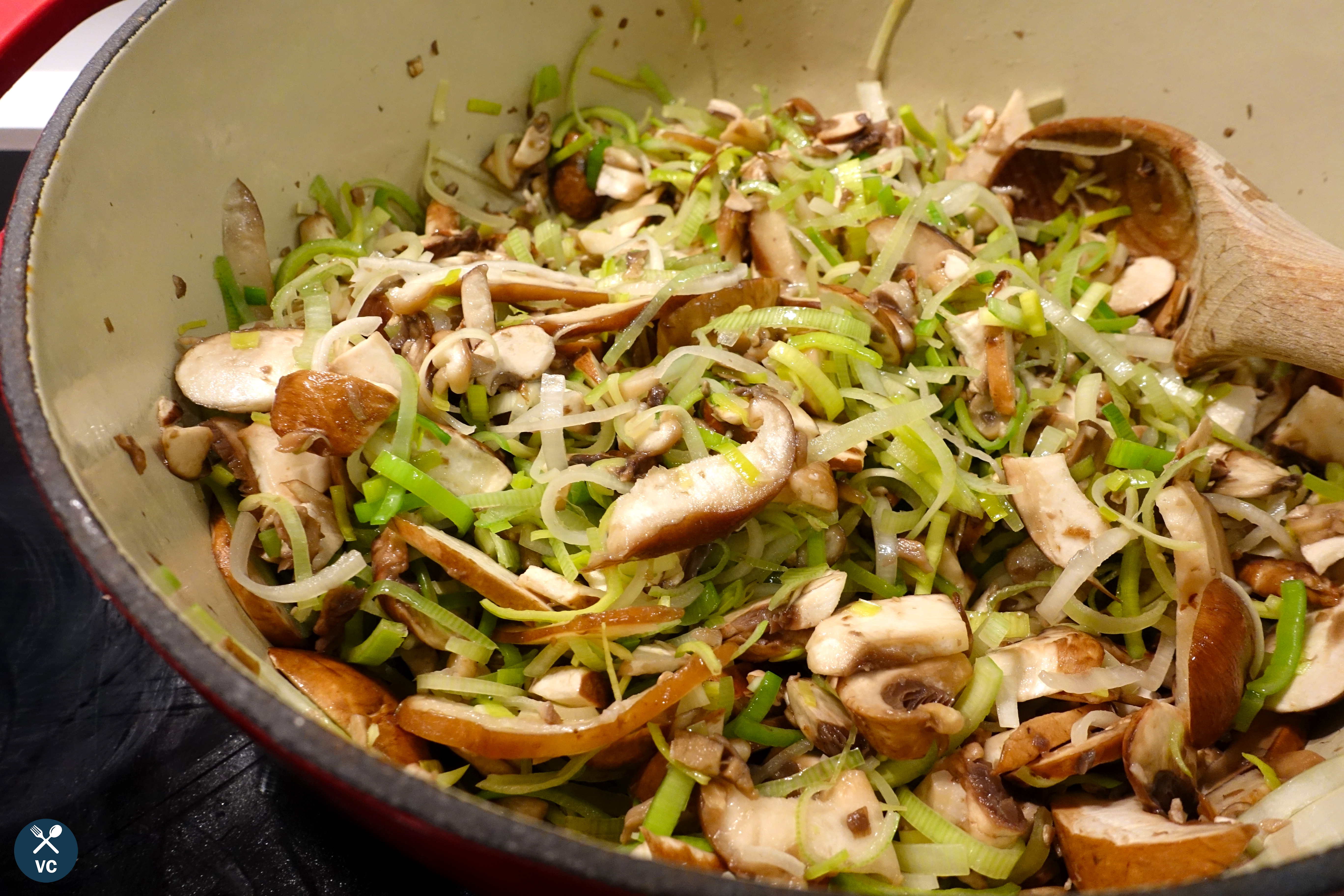 Sauteeing mushrooms and leeks for mushroom and leek risotto (VC in the Kitchen)