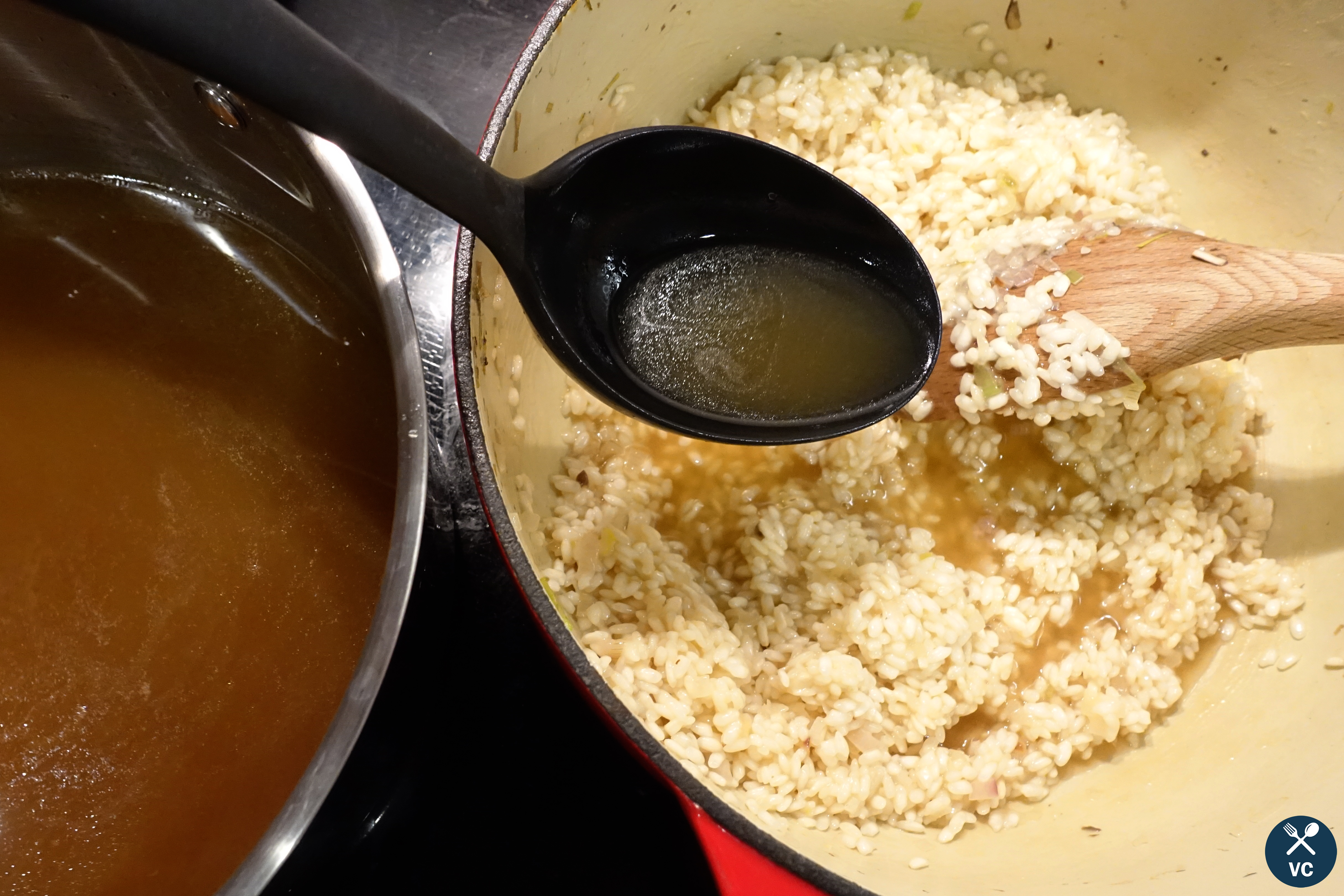 Adding stock for mushroom and leek risotto (VC in the Kitchen)