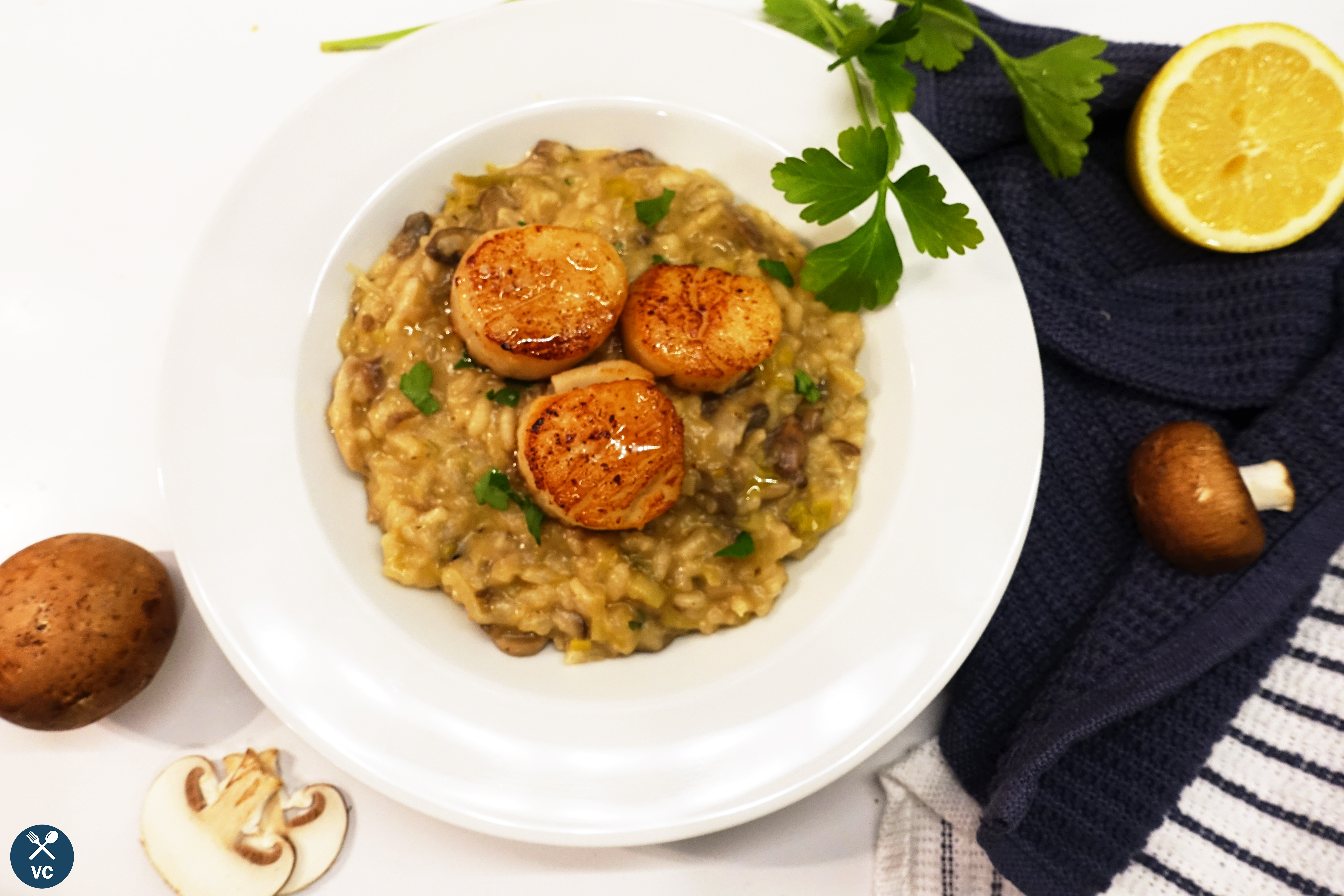 Scallops on mushroom and leek risotto (VC in the Kitchen)