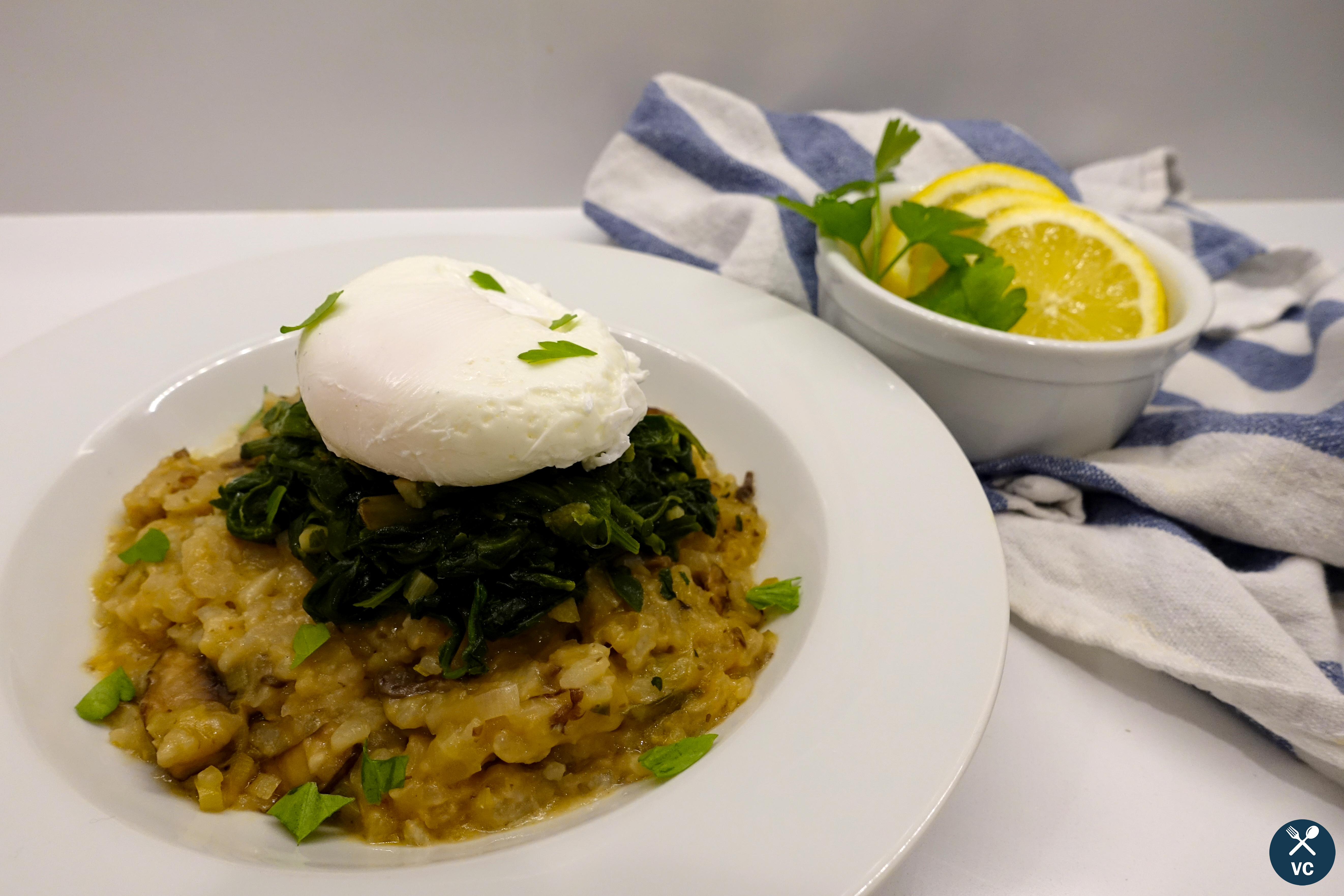 Poached egg on top of mushroom and leek risotto (VC in the Kitchen)