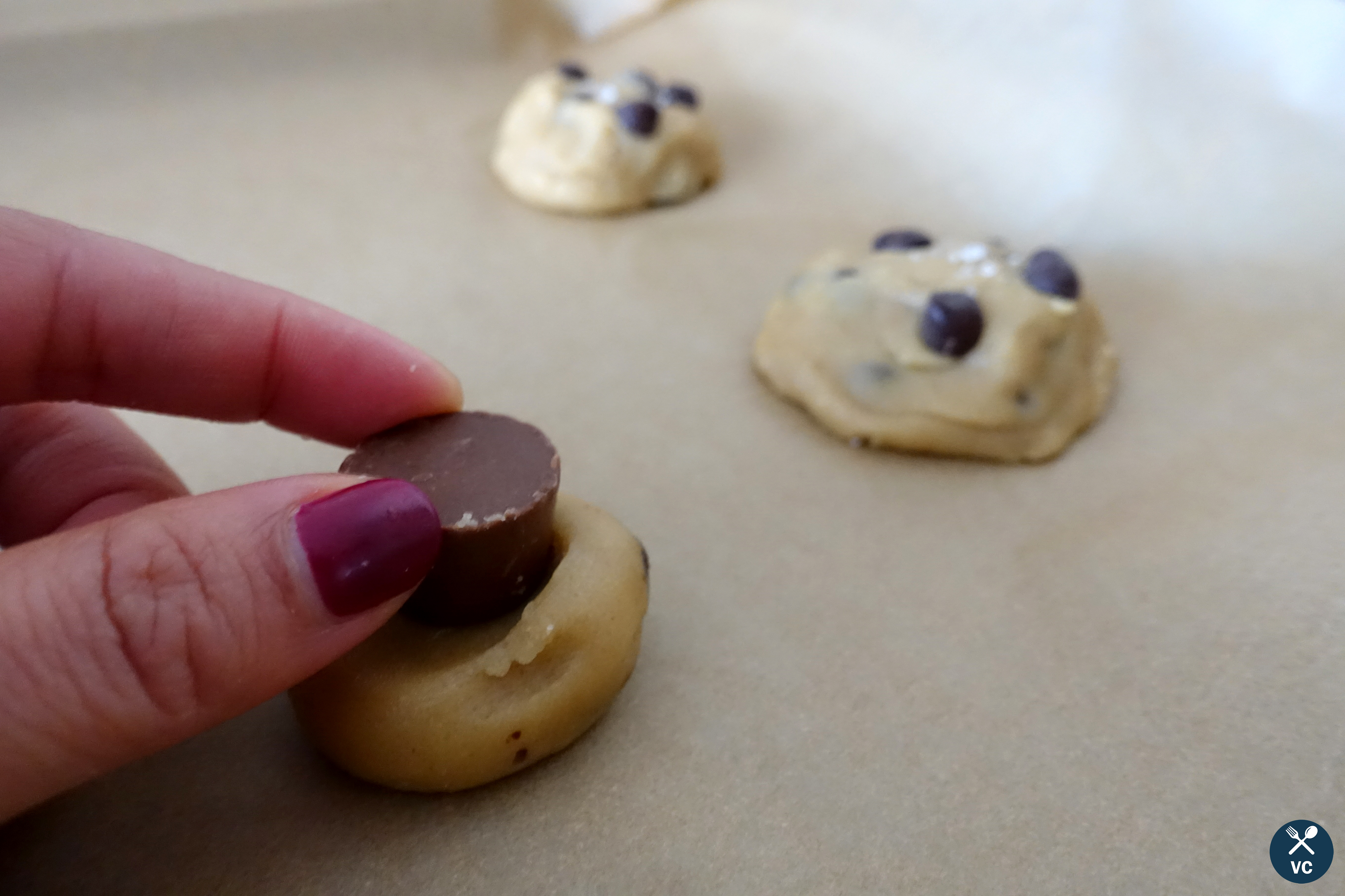 Adding in the Rolo for Sea Salt Rolo Stuffed Cookies (VC in the Kitchen)