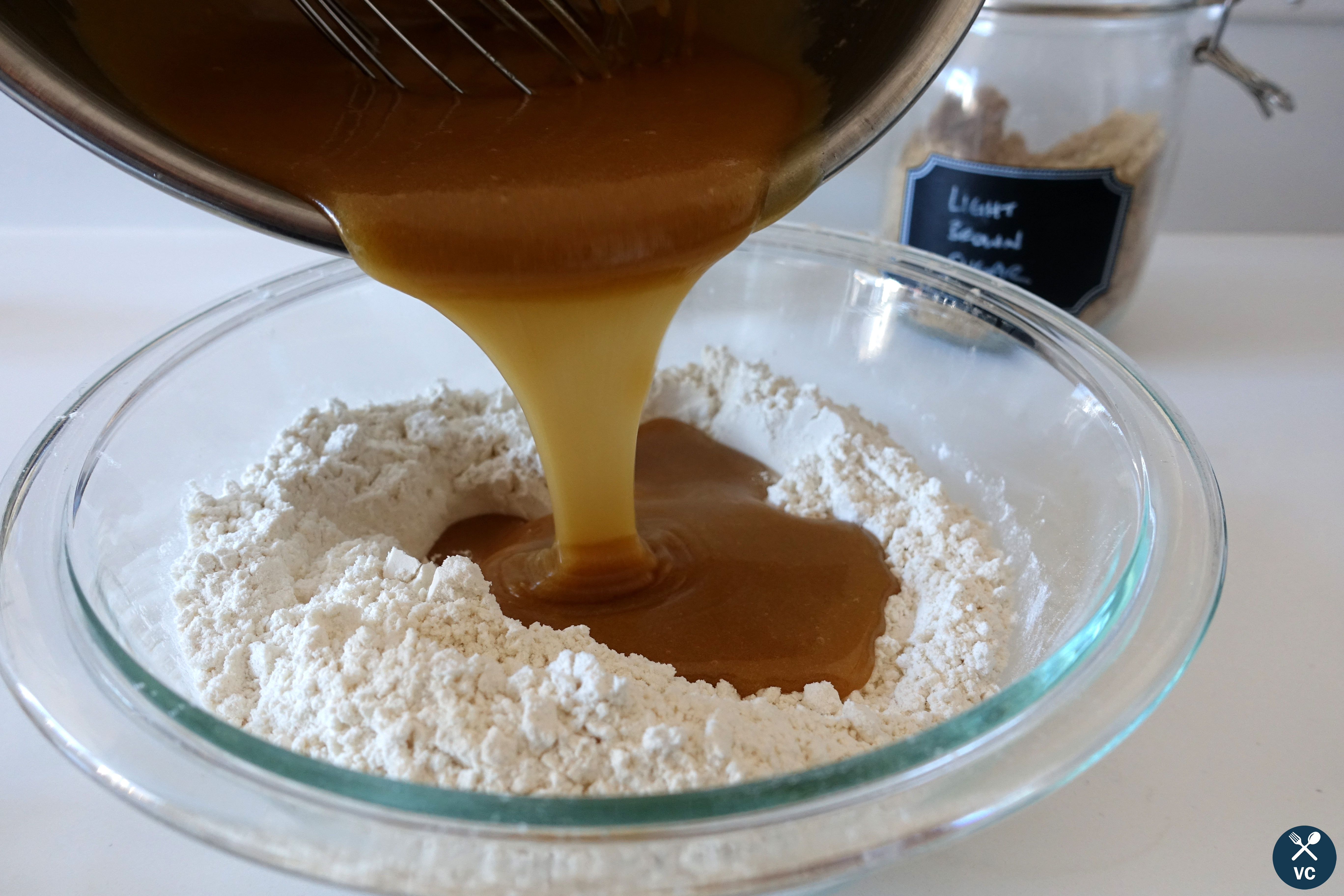 Mixing wet and dry ingredients for Sea Salt Rolo Stuffed Cookies (VC in the Kitchen)