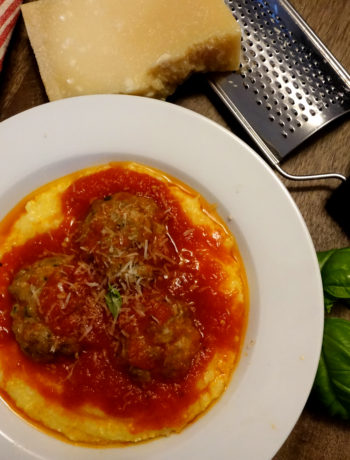 Meatballs with simmered red tomato sauce over cheesy polenta (VCintheKitchen)